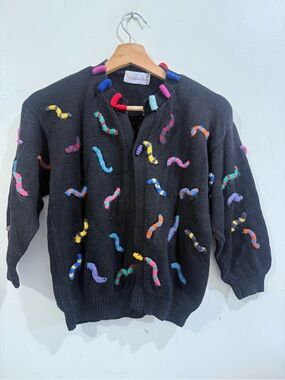 Christine Foley Kids Black Knit Zip Cardigan with Multicolor Loop Accents